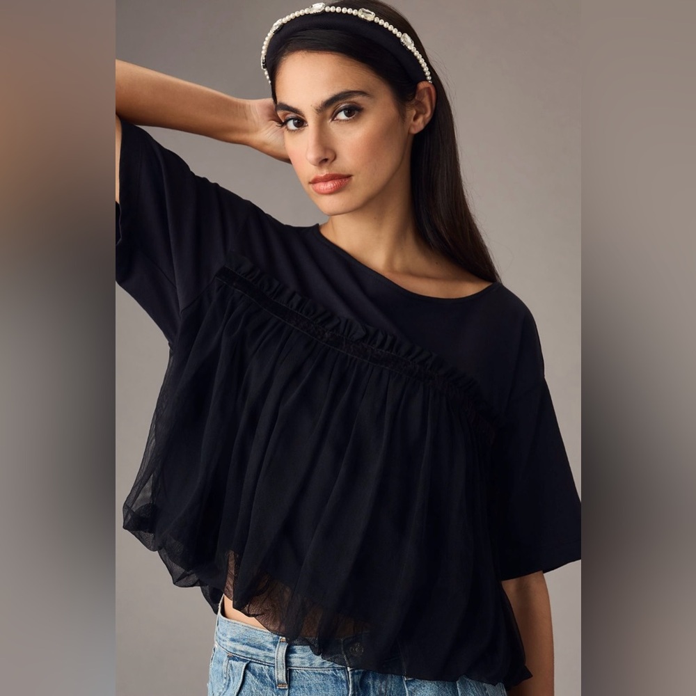 Anthropologie MAEVE Top Tulle with Ribbon Trim Crop sz S Black NWOT